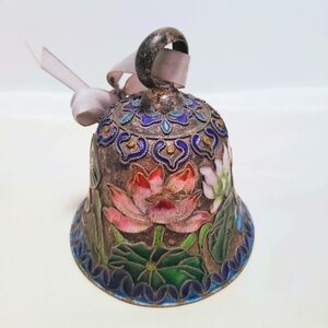 Cloisonné Gold-Tone Metal Bell Beautiful Floral Design Framed w/Twisted Wire
